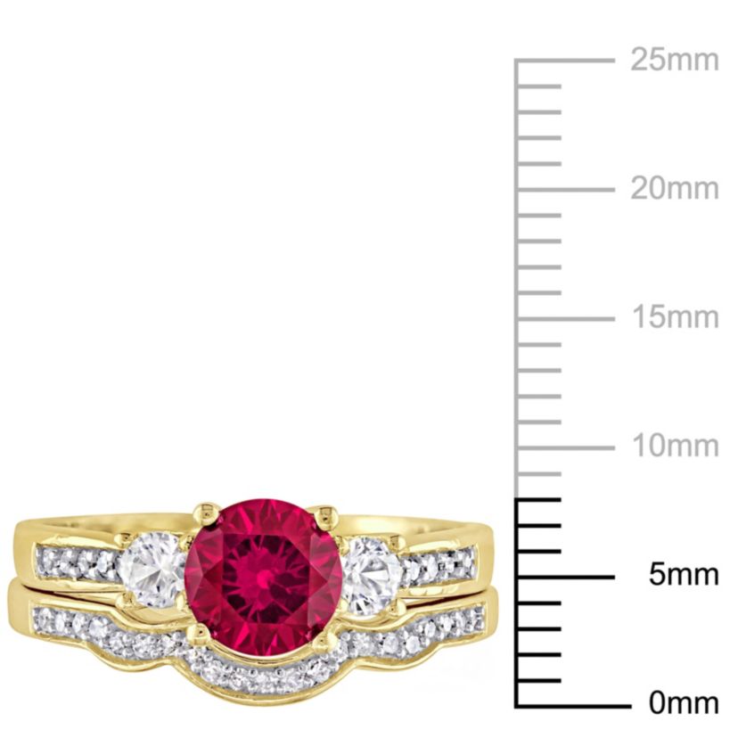 Lab Created Created Ruby and Created White Sapphire with 1/8 ct. t.w. Diamond Bridal Ring Set in 10K Yellow Gold