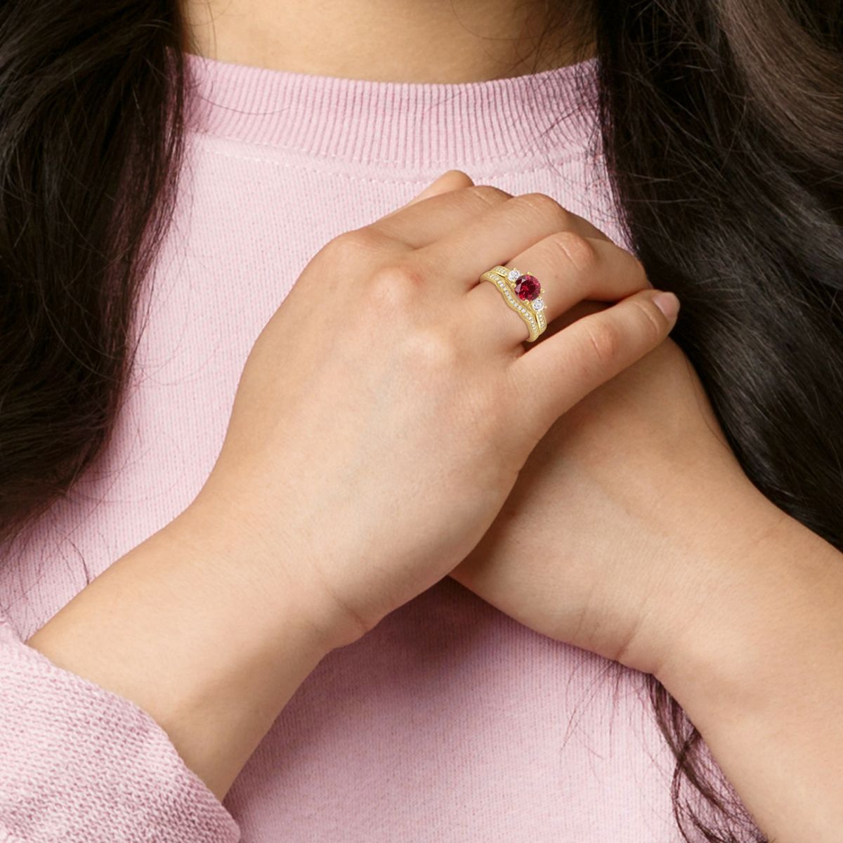 Lab Created Created Ruby and Created White Sapphire with 1/8 ct. t.w. Diamond Bridal Ring Set in 10K Yellow Gold