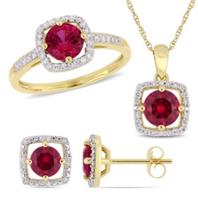 Belk & Co Lab Created 3-Pc Set of Ruby and 1/3 ct. t.w. Diamond Square Halo Ring, Earrings, Pendant with Chain in 10K Yellow Gold, 9