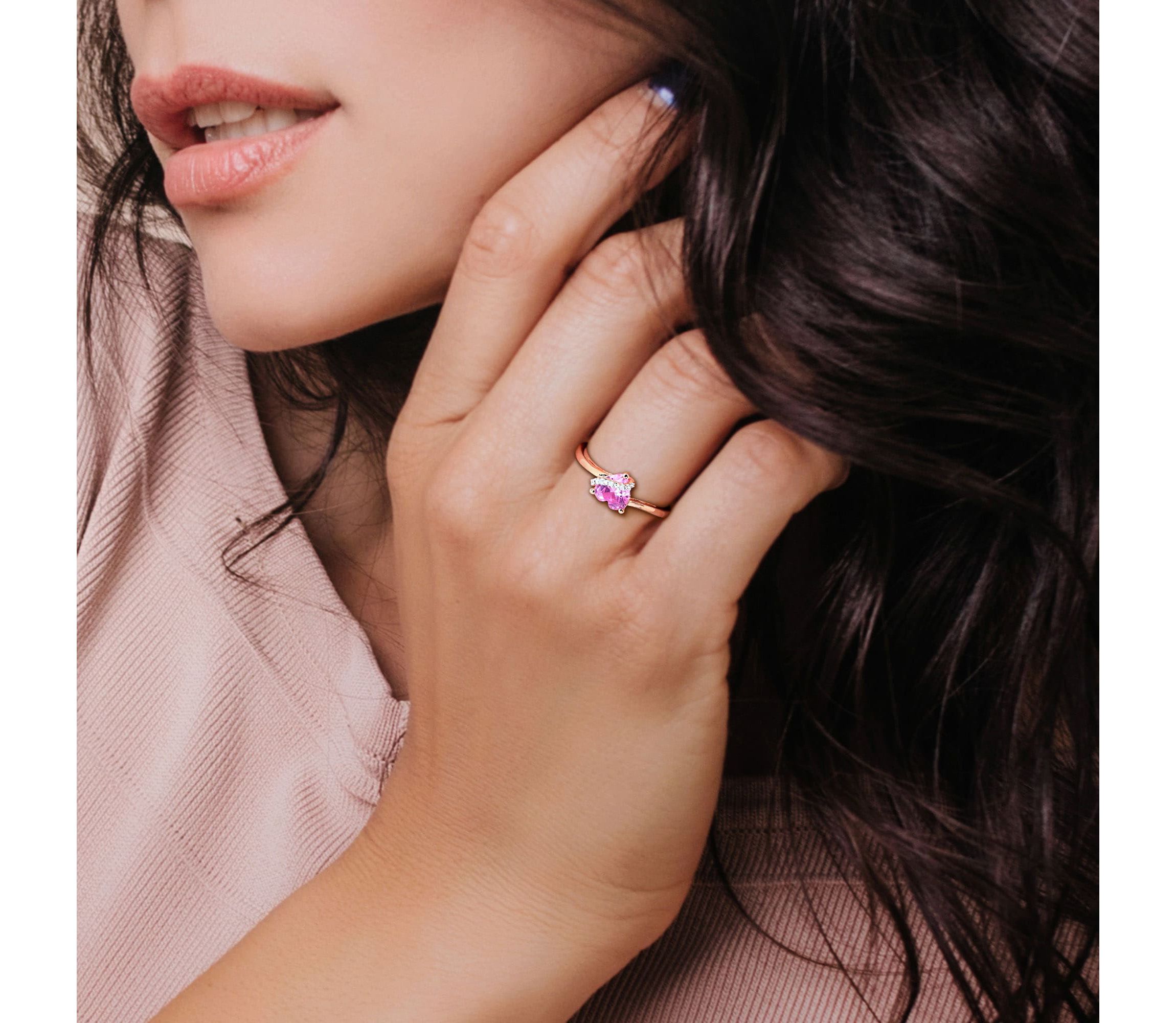 Lab Created Created Pink Sapphire and Diamond Accent Heart Ring in Rose Plated Sterling Silver