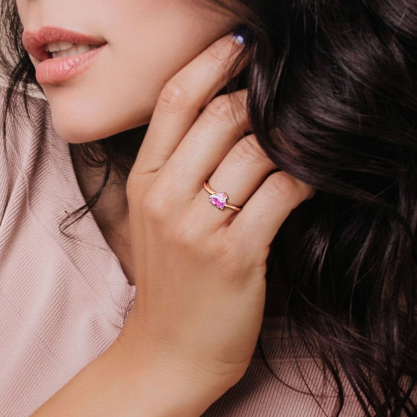 Lab Created Created Pink Sapphire and Diamond Accent Heart Ring in Rose Plated Sterling Silver
