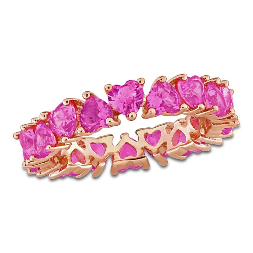 Lab Created Created Pink Sapphire Heart Eternity Ring in Rose Plated Sterling Silver
