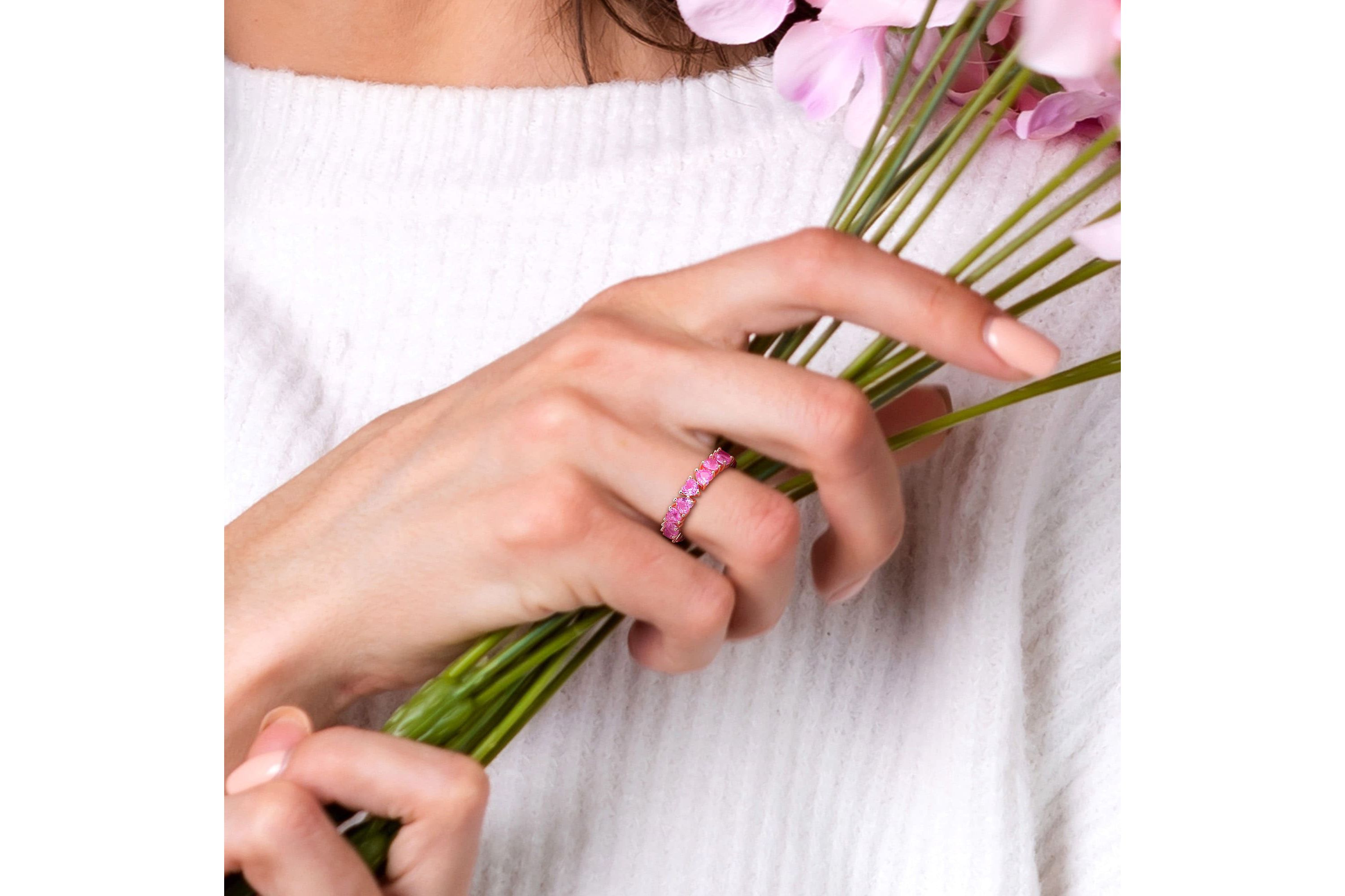 Lab Created Created Pink Sapphire Heart Eternity Ring in Rose Plated Sterling Silver