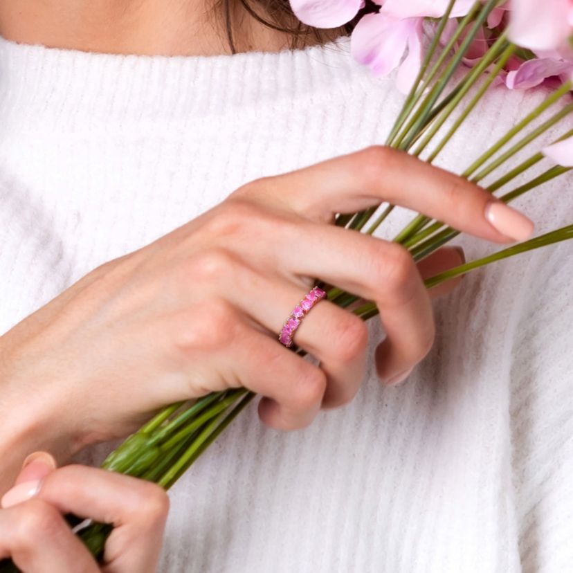 Lab Created Created Pink Sapphire Heart Eternity Ring in Rose Plated Sterling Silver