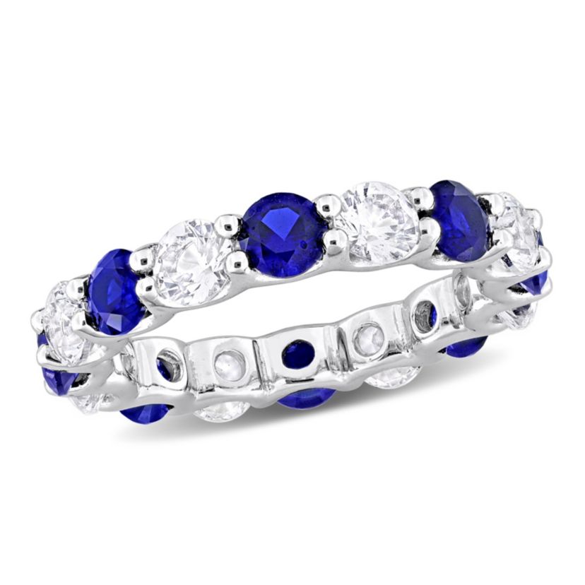 Lab Created Created Blue and White Sapphire Eternity Band Ring in Sterling Silver