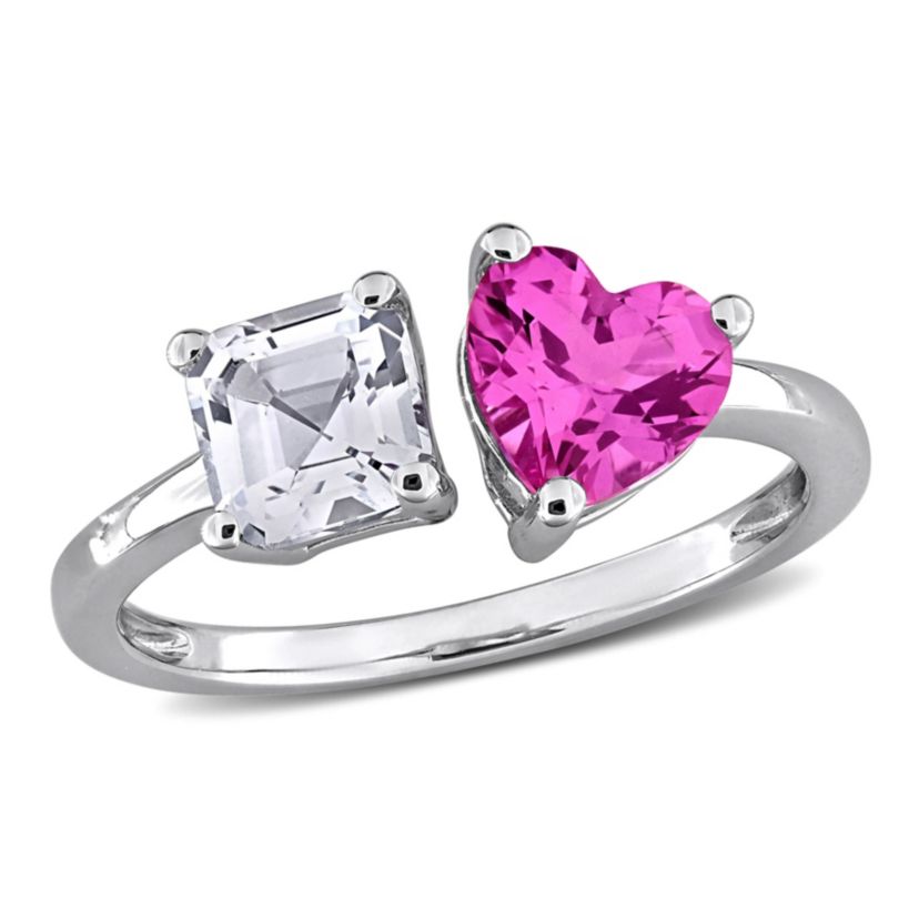 Lab Created Created Pink and White Sapphire Open Heart Ring in Sterling Silver