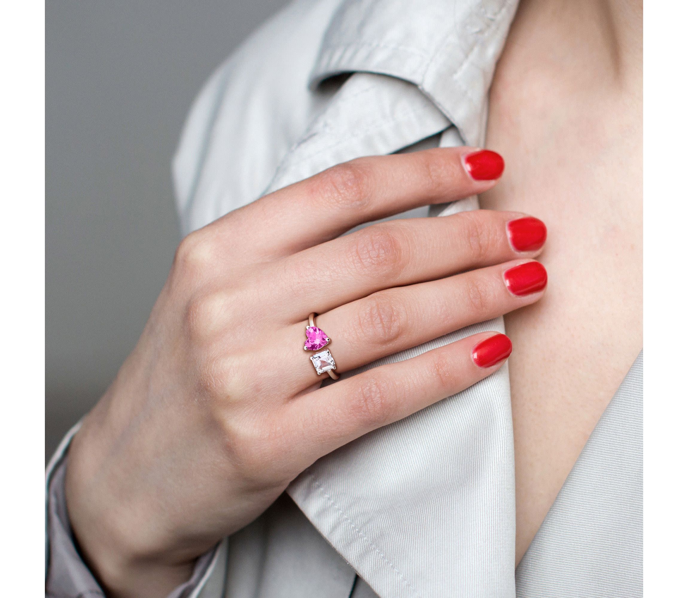 Lab Created Created Pink and White Sapphire Open Heart Ring in Sterling Silver