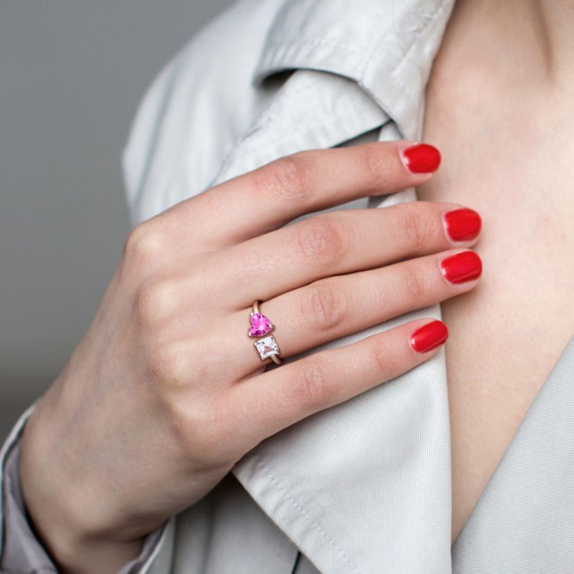 Lab Created Created Pink and White Sapphire Open Heart Ring in Sterling Silver
