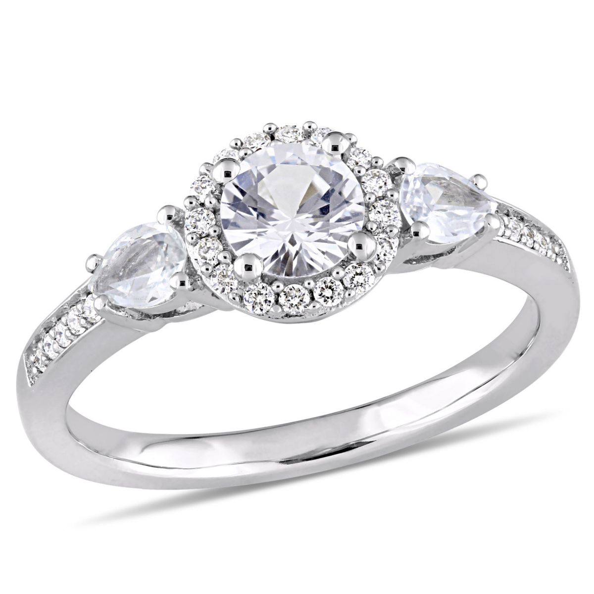 White Sapphire and 1/8 ct. t.w. Diamond 3-Stone Halo Ring in 14K White Gold