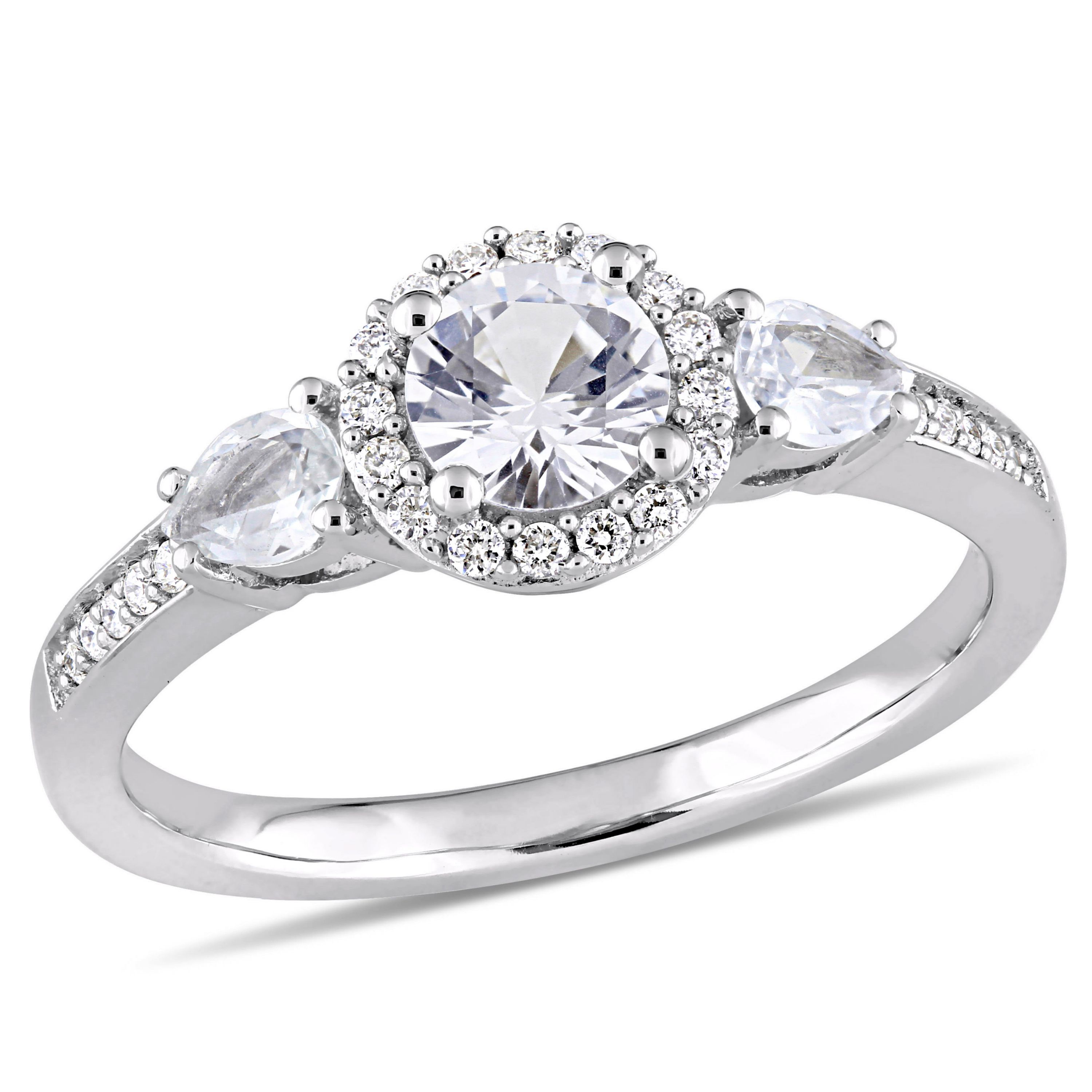 White Sapphire and 1/8 ct. t.w. Diamond 3-Stone Halo Ring in 14K White Gold