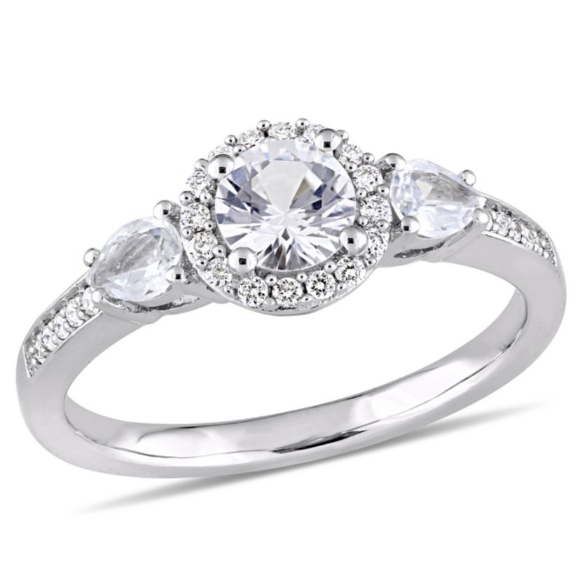 White Sapphire and 1/8 ct. t.w. Diamond 3-Stone Halo Ring in 14K White Gold