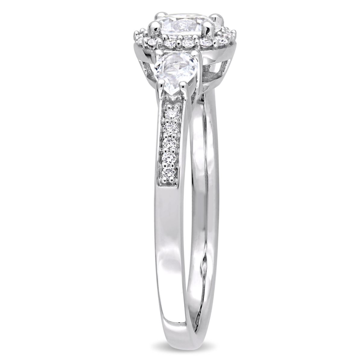White Sapphire and 1/8 ct. t.w. Diamond 3-Stone Halo Ring in 14K White Gold