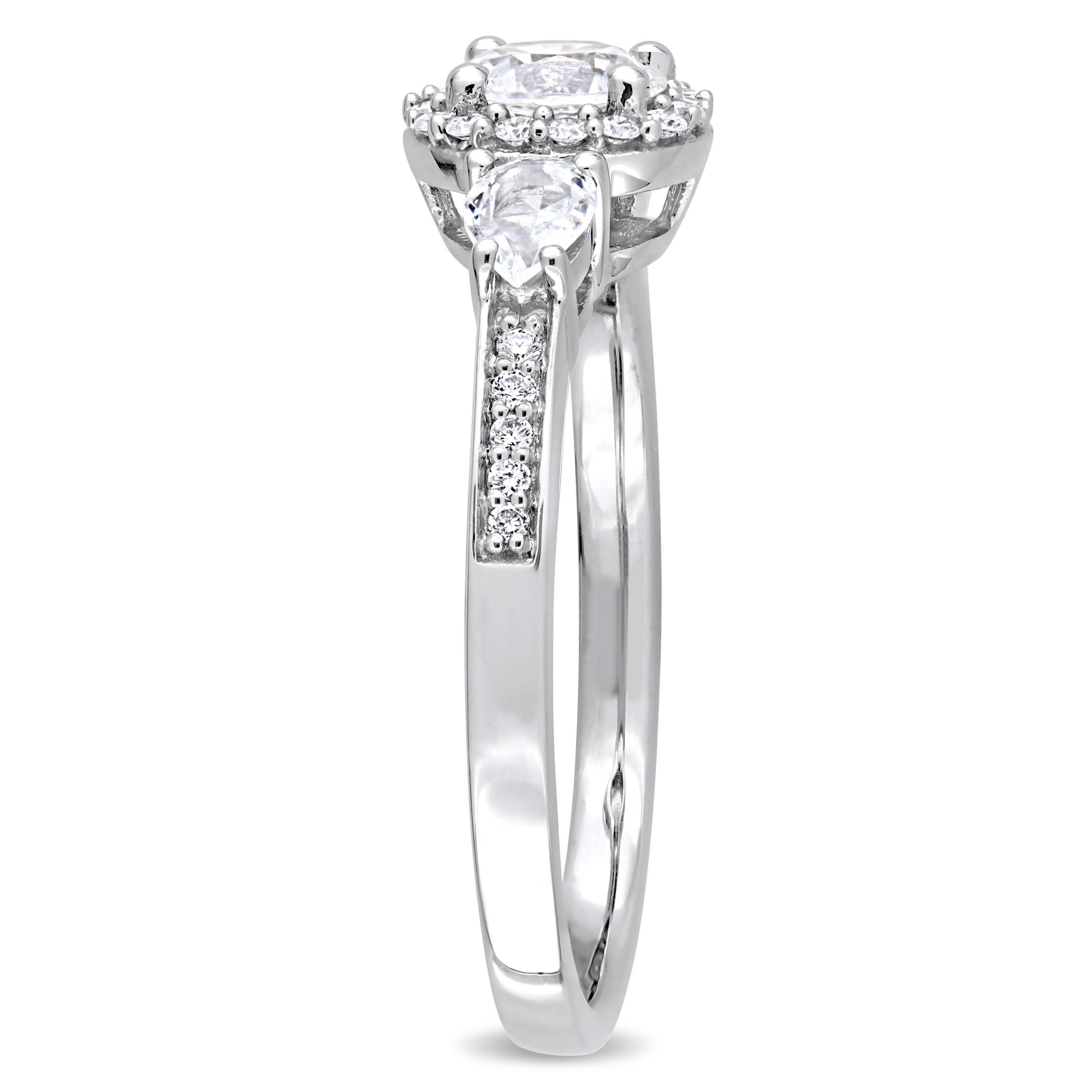 White Sapphire and 1/8 ct. t.w. Diamond 3-Stone Halo Ring in 14K White Gold