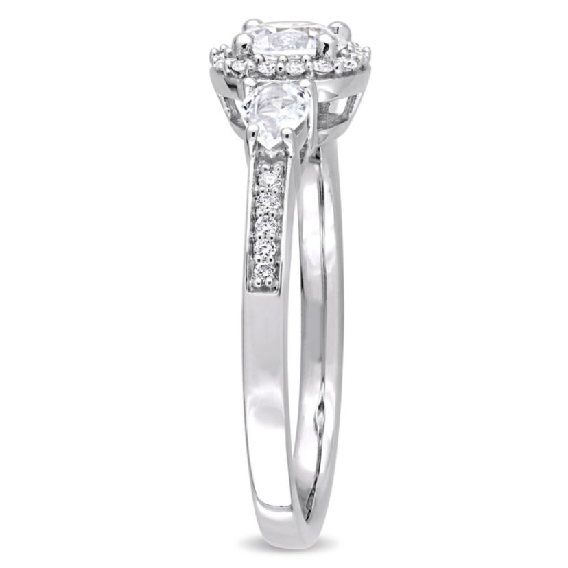 White Sapphire and 1/8 ct. t.w. Diamond 3-Stone Halo Ring in 14K White Gold