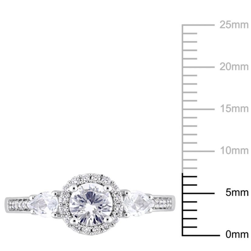 White Sapphire and 1/8 ct. t.w. Diamond 3-Stone Halo Ring in 14K White Gold