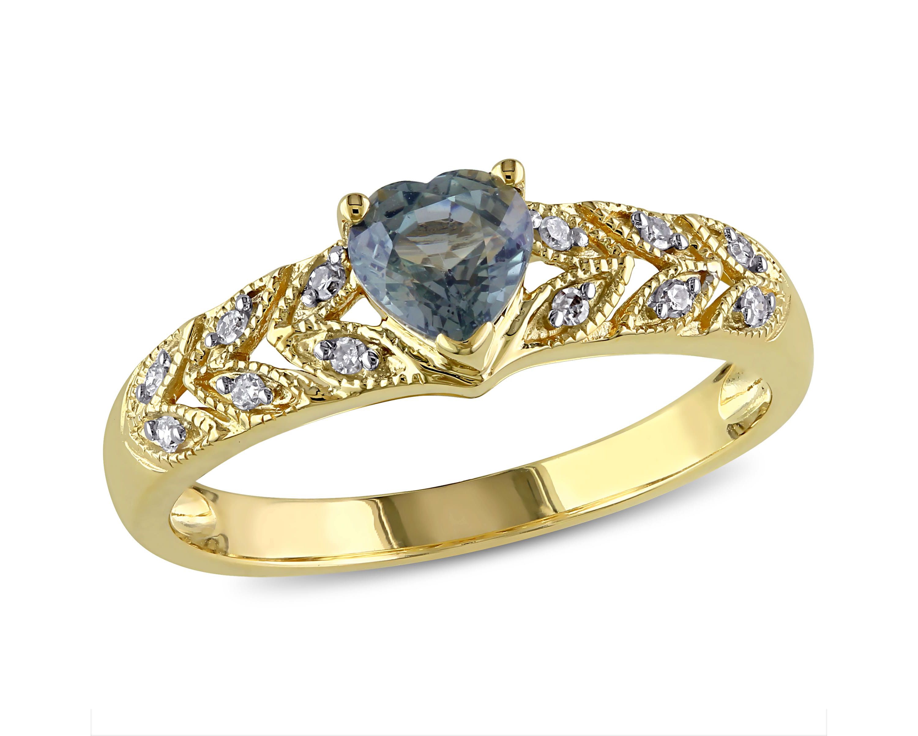 Green Sapphire and Diamond Accent Heart Ring in 10K Yellow Gold