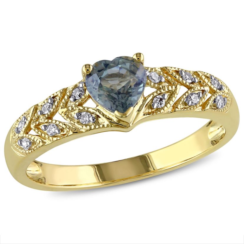 Green Sapphire and Diamond Accent Heart Ring in 10K Yellow Gold