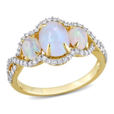 Belk & Co Blue Ethiopian Opal and 1/3 ct. t.w. Diamond Halo 3-Stone Ring in 10K Yellow Gold, 8