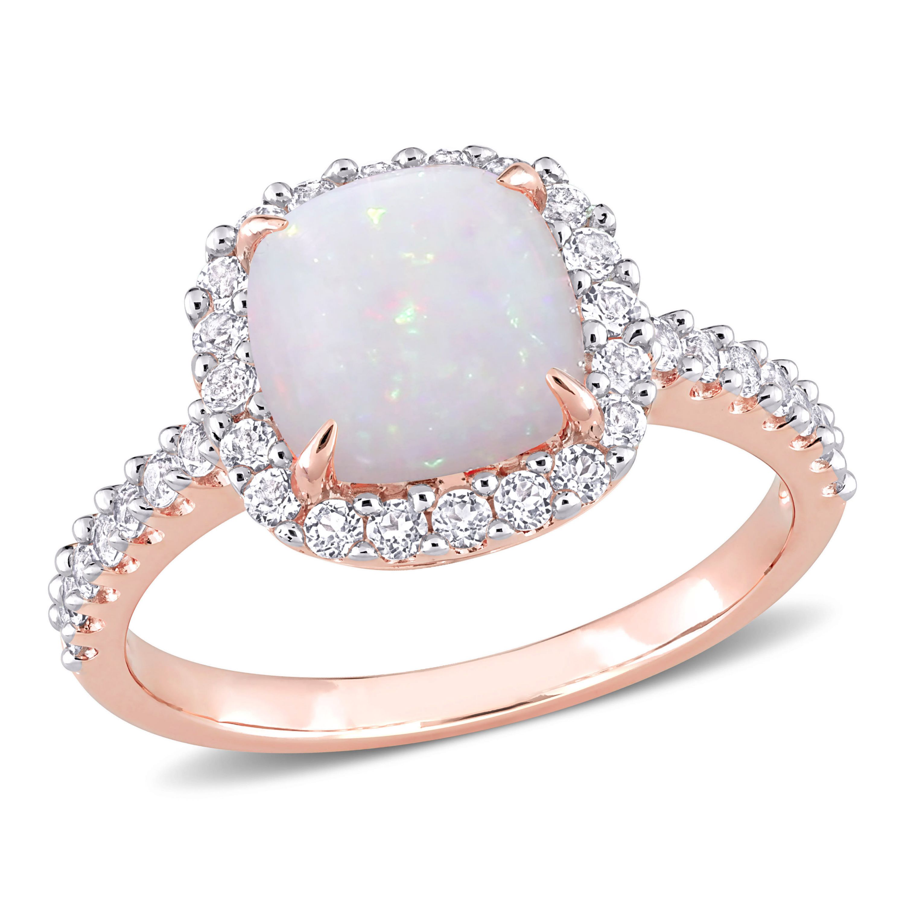 Opal and White Topaz Halo Ring in 10K Rose Gold