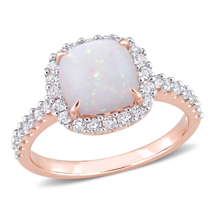 Opal and White Topaz Halo Ring in 10K Rose Gold