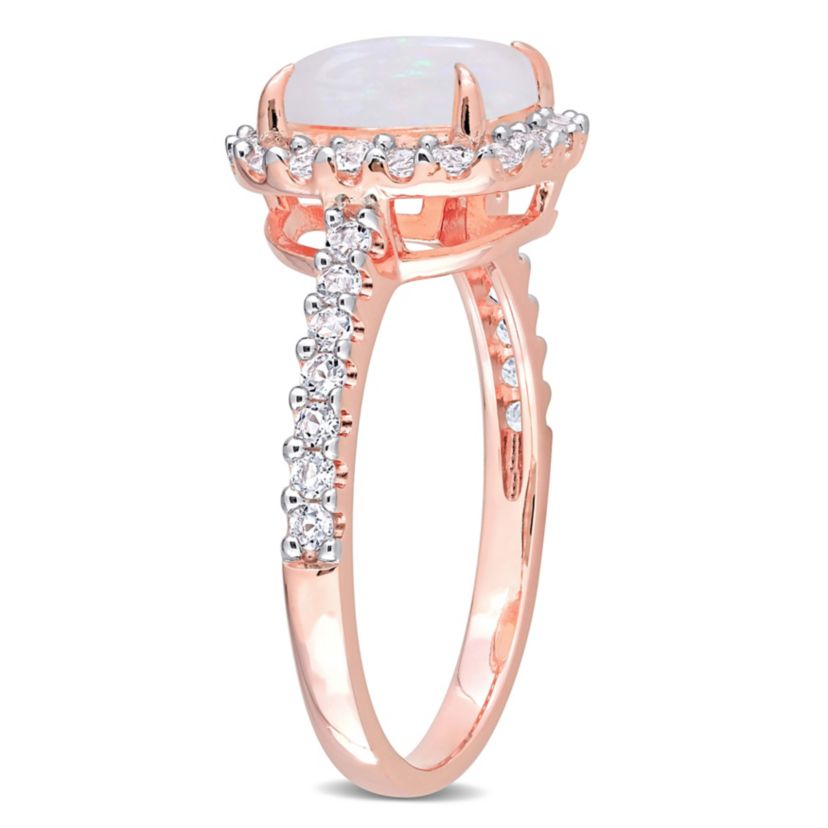 Opal and White Topaz Halo Ring in 10K Rose Gold