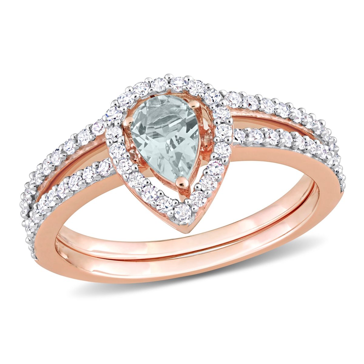 Aquamarine and 1/3 ct. t.w. Diamond Halo Ring Set in 10K Rose Gold
