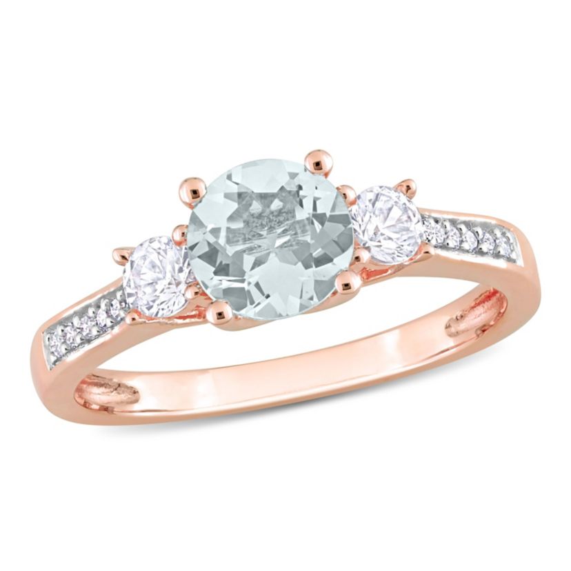 Lab Created Aquamarine and Created White Sapphire with Diamond Accent 3-Stone Ring in 10K Rose Gold