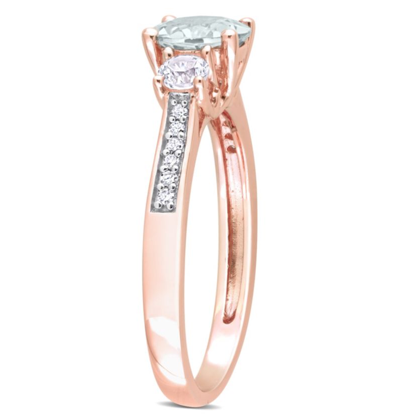Lab Created Aquamarine and Created White Sapphire with Diamond Accent 3-Stone Ring in 10K Rose Gold