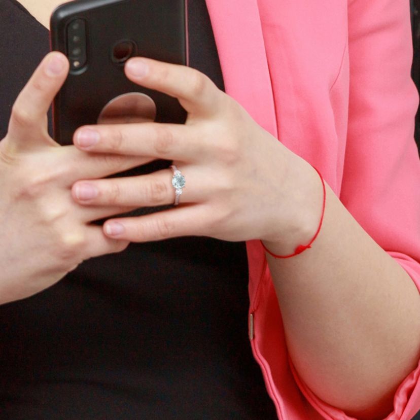 Lab Created Aquamarine and Created White Sapphire with Diamond Accent 3-Stone Ring in 10K Rose Gold