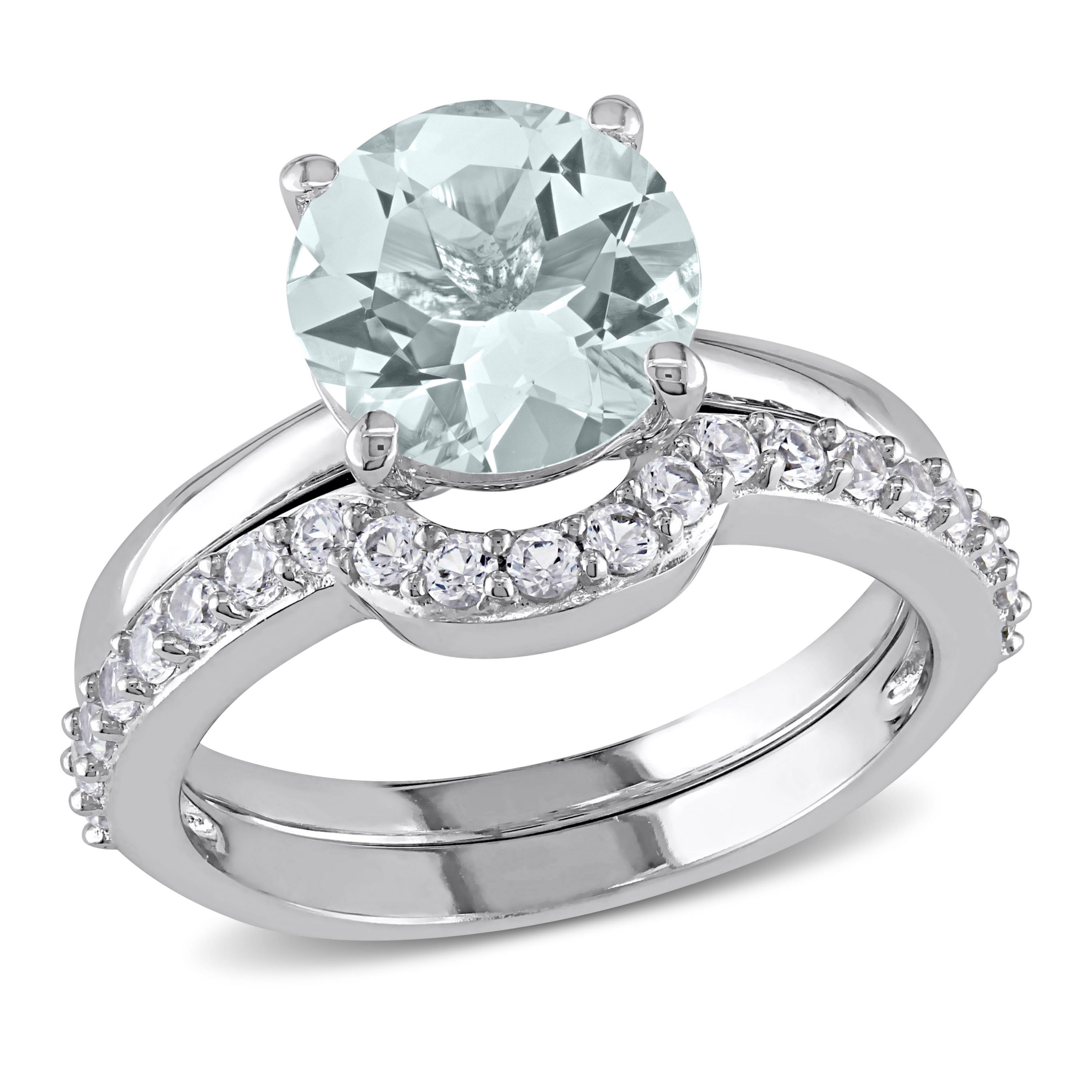 Lab Created Aquamarine and Created White Sapphire Bridal Ring Set in 10K White Gold