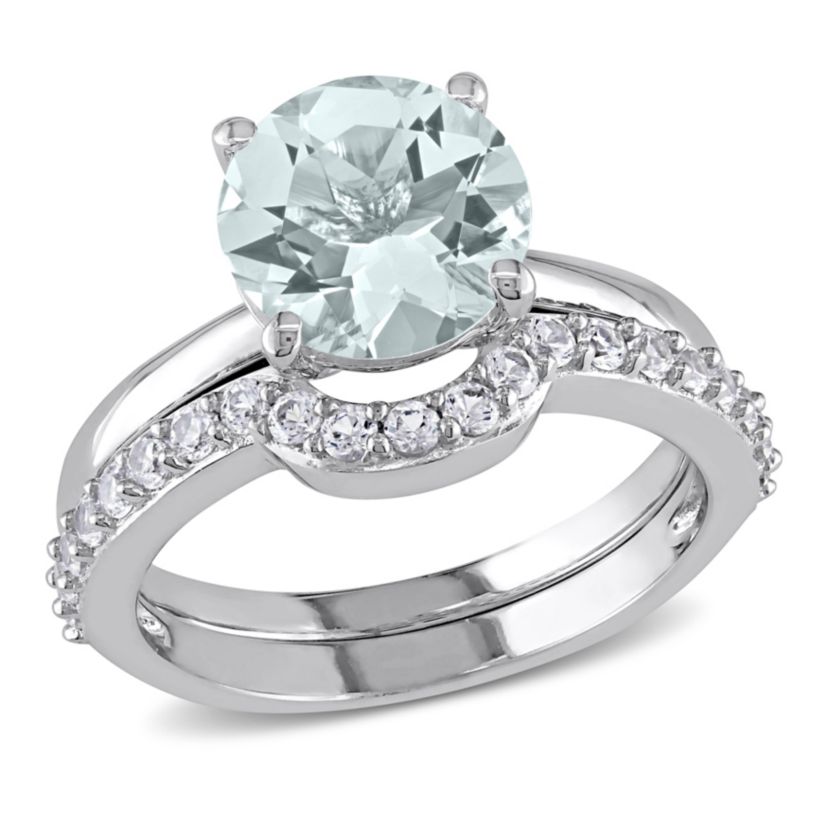 Lab Created Aquamarine and Created White Sapphire Bridal Ring Set in 10K White Gold