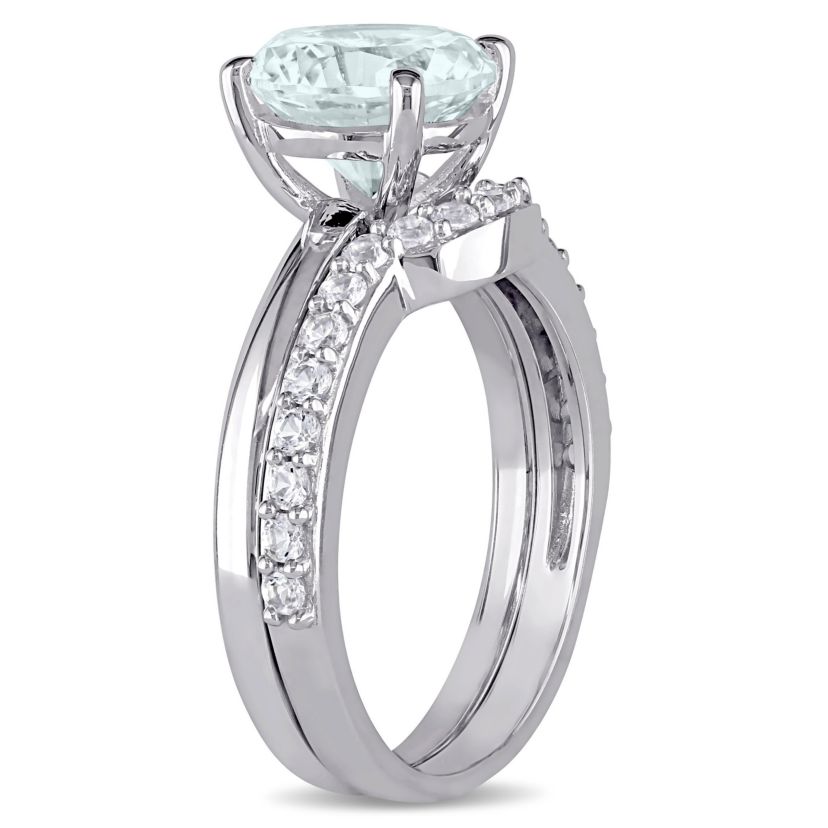 Lab Created Aquamarine and Created White Sapphire Bridal Ring Set in 10K White Gold