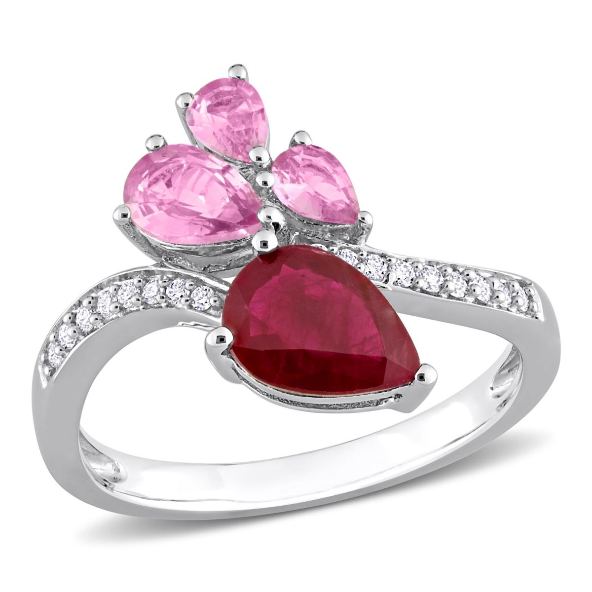 Ruby and Pink Sapphire with 1/10 ct. t.w. Diamond Ring in 14K White Gold