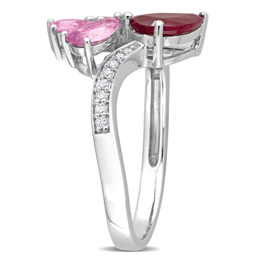 Ruby and Pink Sapphire with 1/10 ct. t.w. Diamond Ring in 14K White Gold