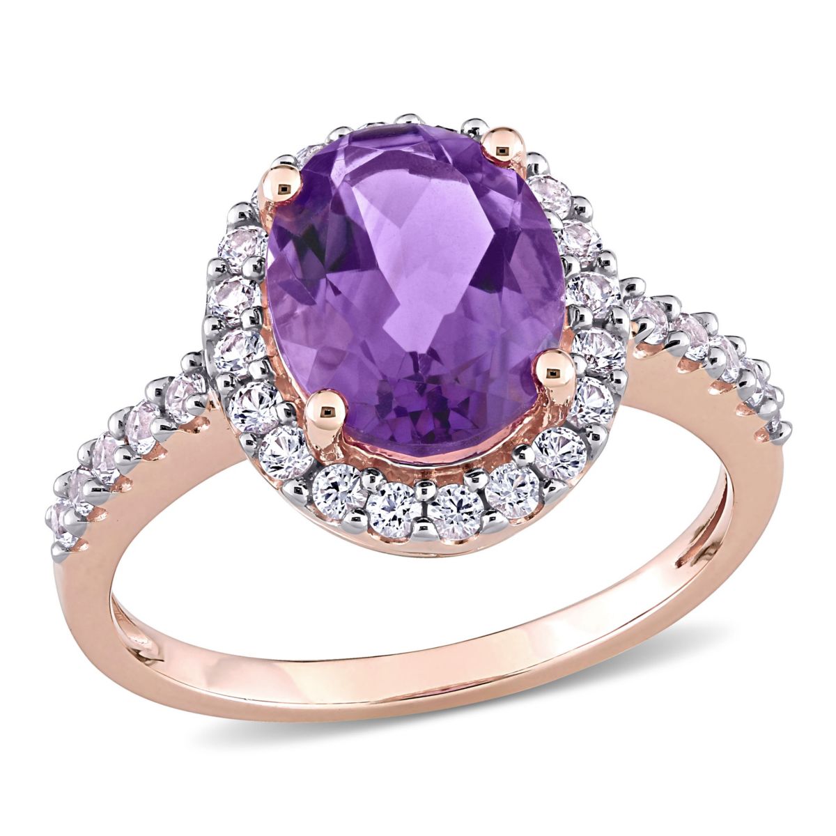 Lab Created Amethyst and Created White Sapphire Halo Engagement Ring in 10K Rose Gold