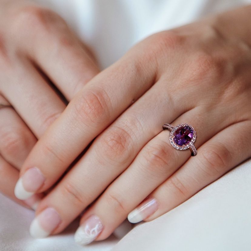 Lab Created Amethyst and Created White Sapphire Halo Engagement Ring in 10K Rose Gold