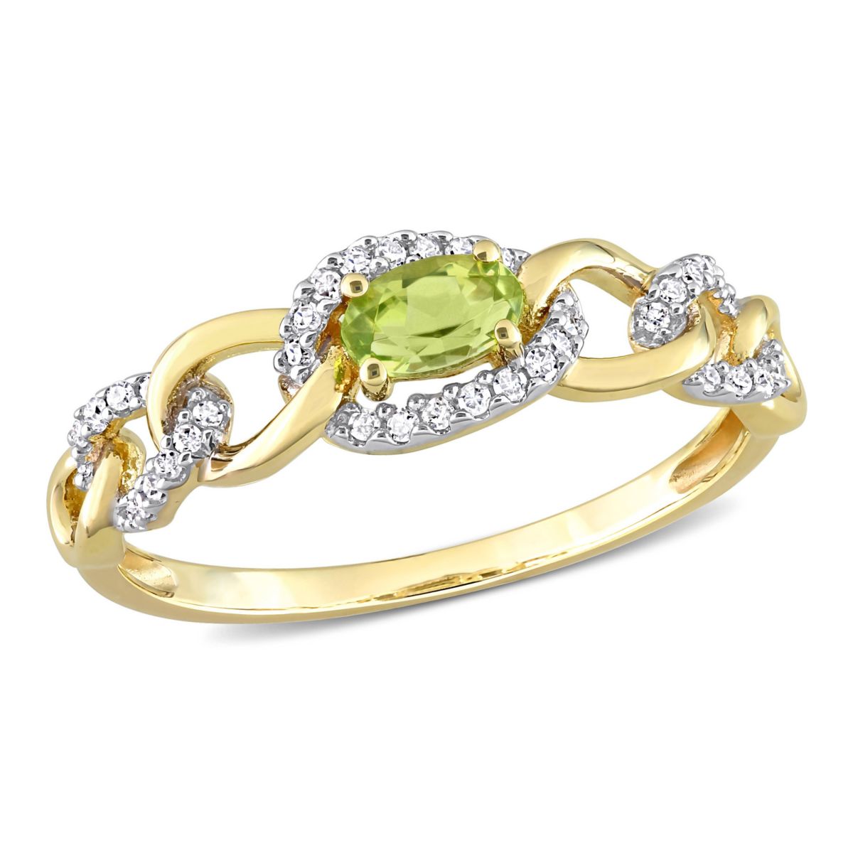 Peridot and 1/8 ct. t.w. Diamond Mini Oval Link Ring in 10K Yellow Gold