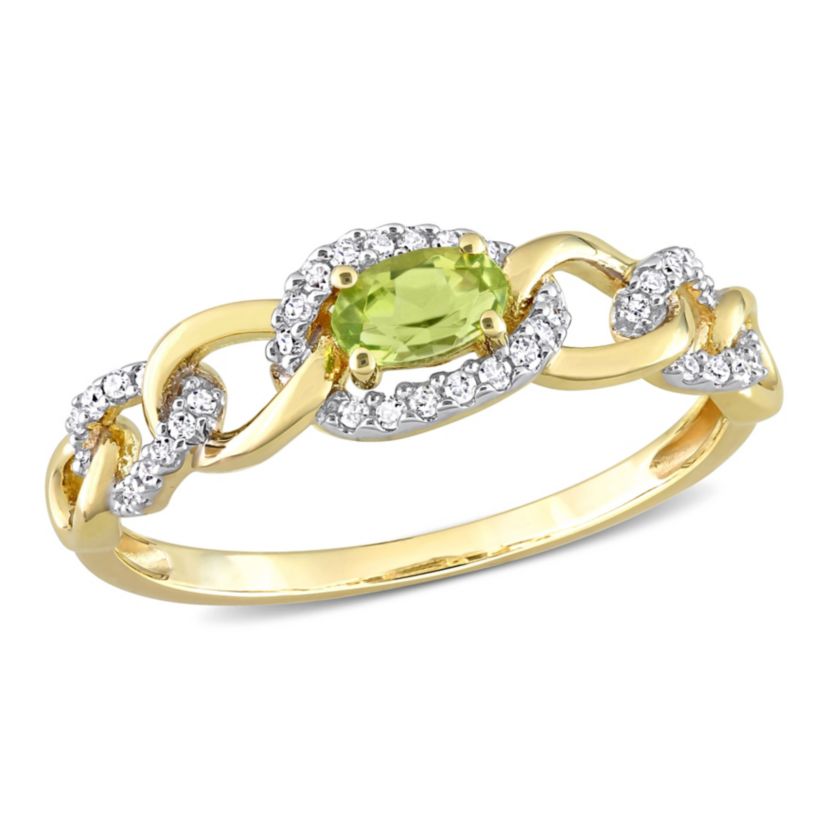 Peridot and 1/8 ct. t.w. Diamond Mini Oval Link Ring in 10K Yellow Gold