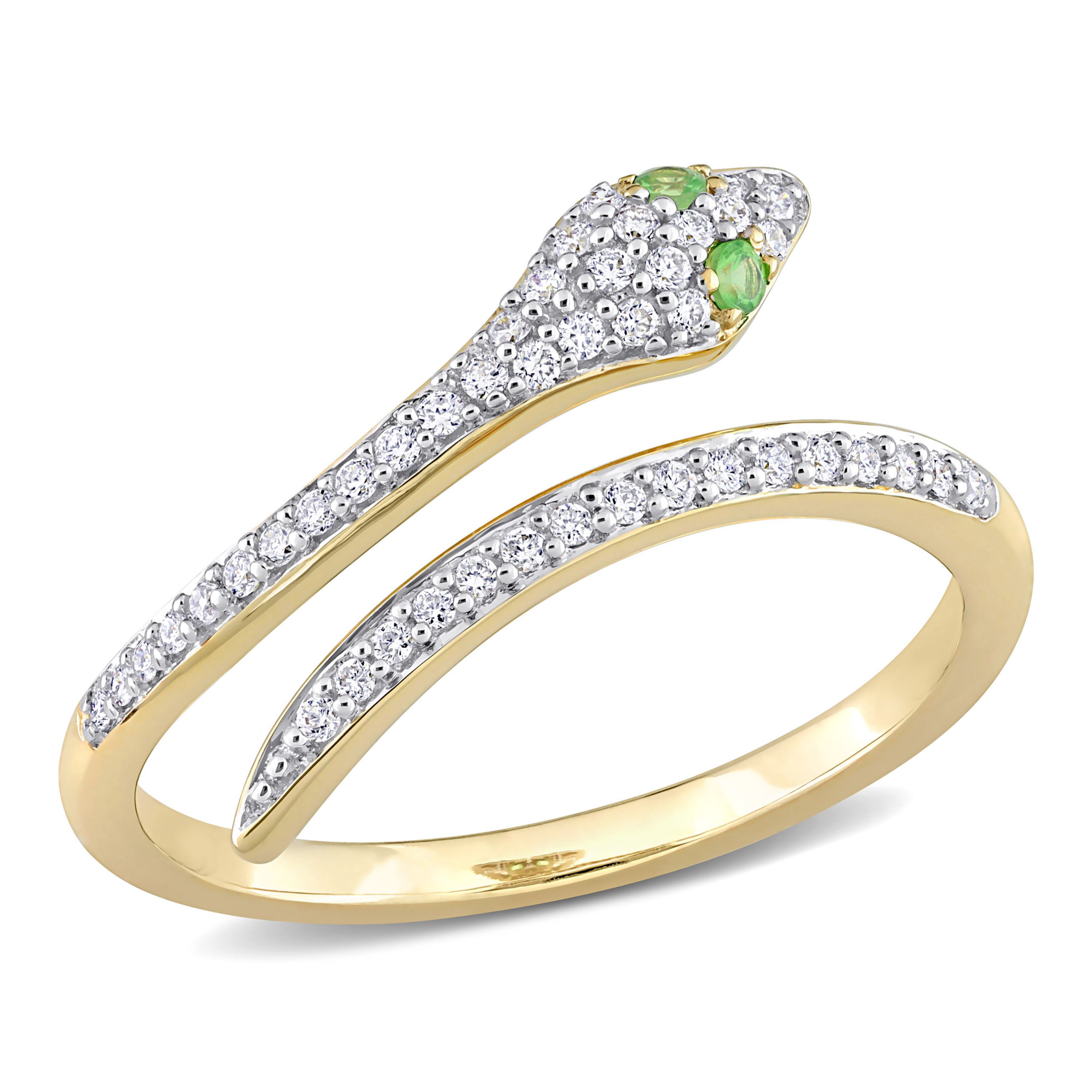 1/5 ct. t.w. Diamond with Tsavorite Accent Snake Ring in 10K Yellow Gold
