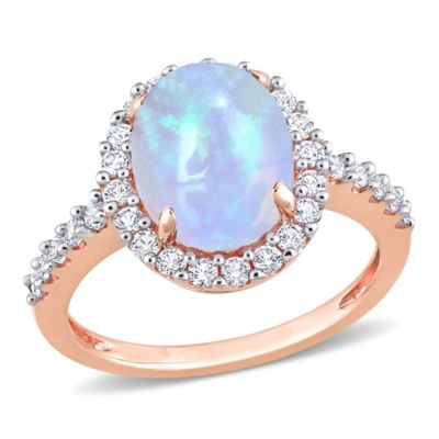 Belk & Co Lab Created Blue Ethiopian Opal and White Sapphire Halo Ring in 10K Rose Gold