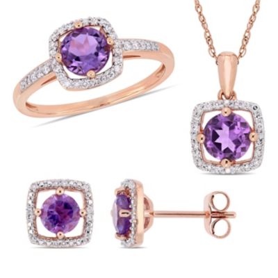 3-Pc Set of Amethyst and 1/3 ct. t.w. Diamond Halo Ring, Earrings Pendant with Chain 10K Rose Gold
