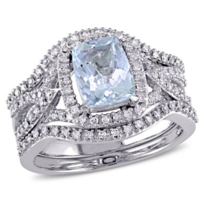 Belk & Co Aquamarine and 1/3 ct. t.w. Diamond Halo Bridal Ring Set In 10K White Gold, 8.5 -  0620400312239