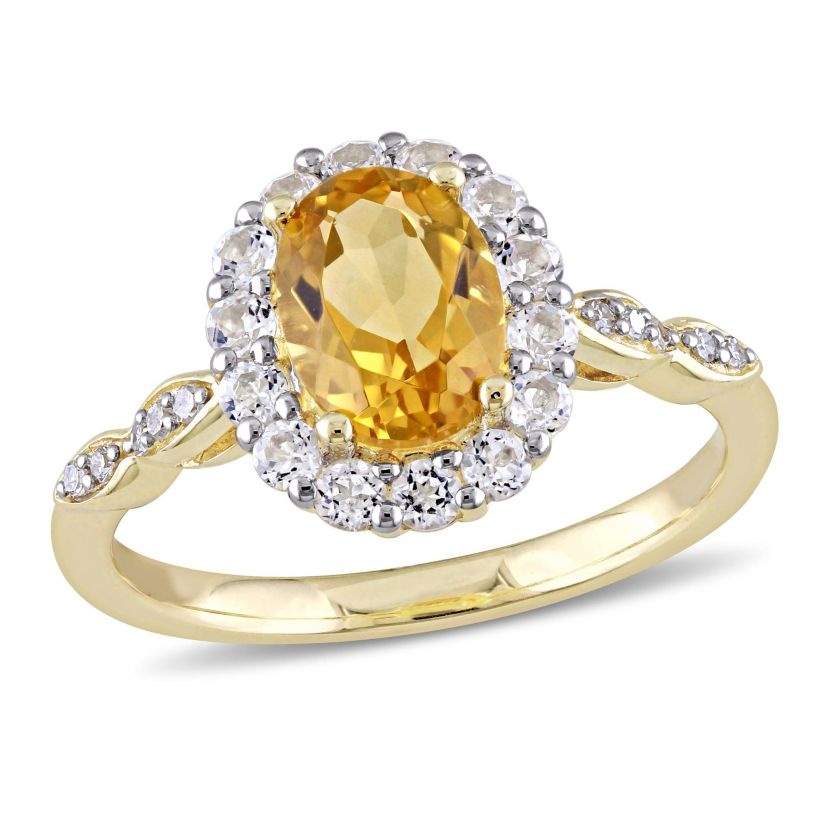 Citrine and White Topaz with Diamond Accent Vintage Ring in 14K Yellow Gold