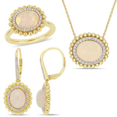 Belk & Co 3-Pc Set of Yellow Ethiopian Opal and 5/8 ct. t.w. Diamond Double Halo Ring, Earrings and Pendant with Chain in 14K Yellow Gold, 9.5 -  0620400326489