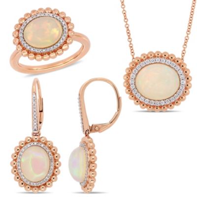 Belk & Co 3-Pc Set of Blue Ethiopian Opal and 5/8 ct. t.w. Diamond Double Halo Ring, Earrings and Pendant with Chain in 14K Rose Gold, Pink, 9.5 -  0620400326663