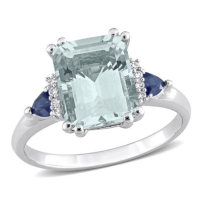 Belk & Co Aquamarine and Blue Sapphire with Diamond Accent 3-Stone Ring in 14K White Gold, 5.5