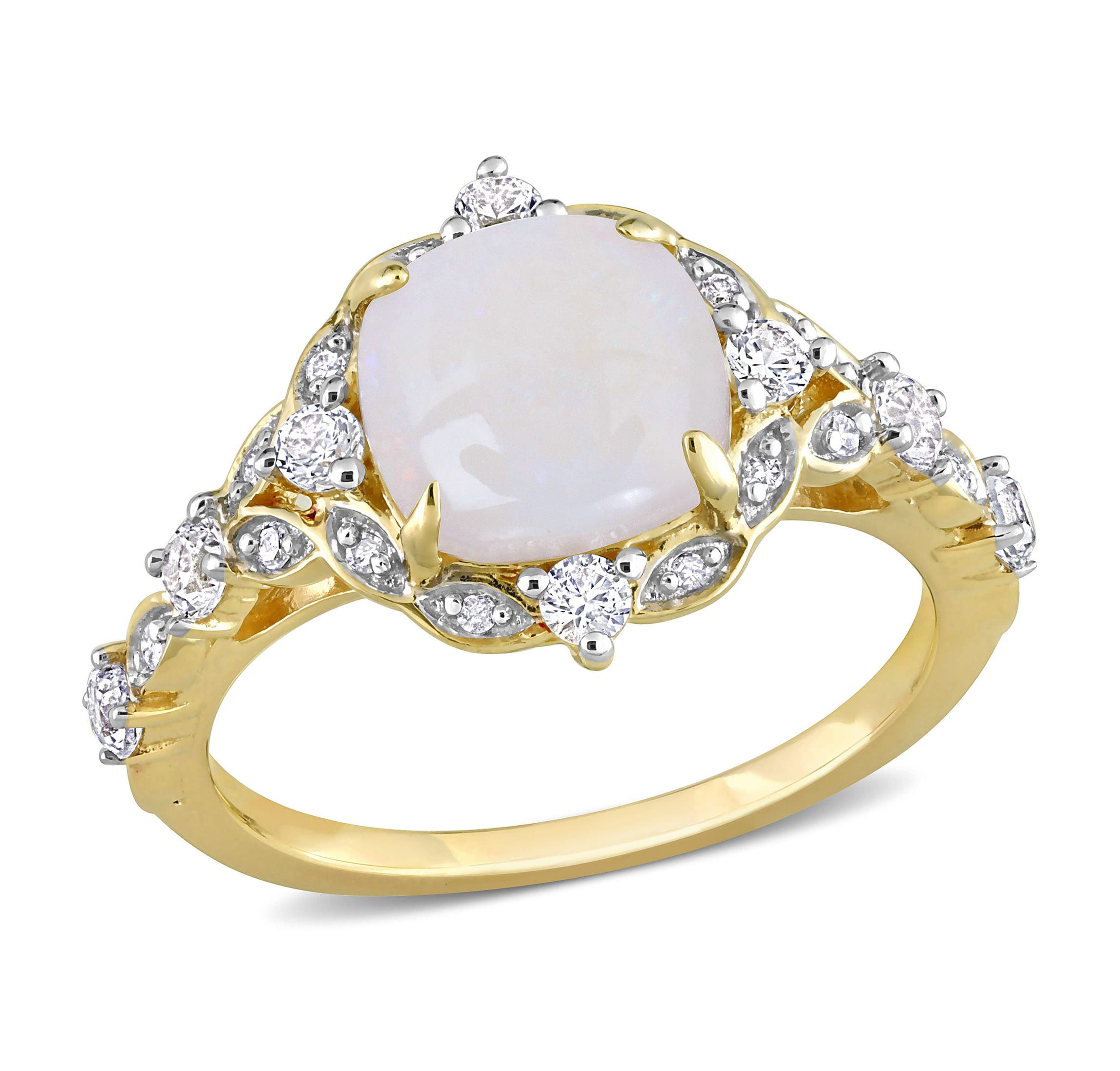Opal and White Sapphire with Diamond Accent Halo Vintage Design Ring in 10K Yellow Gold