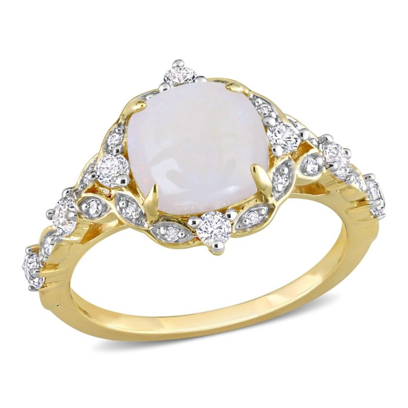 Opal and White Sapphire with Diamond Accent Halo Vintage Design Ring in 10K Yellow Gold