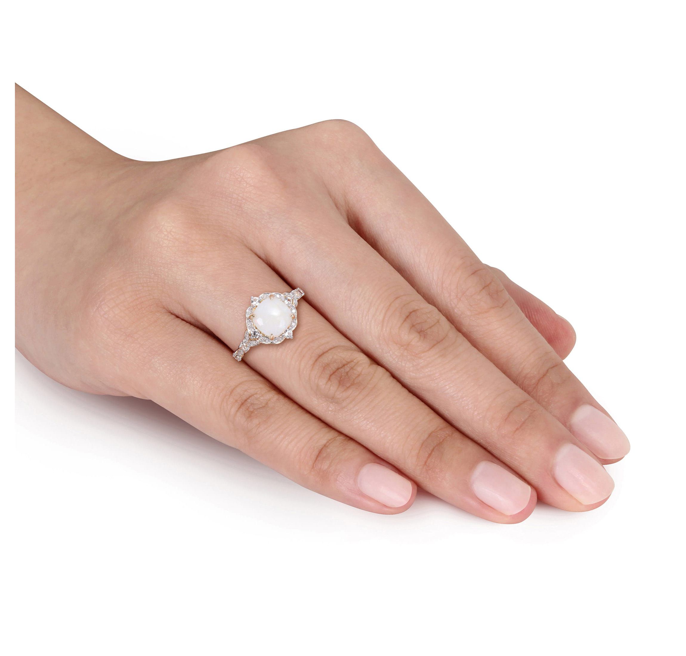 Opal and White Sapphire with Diamond Accent Halo Vintage Design Ring in 10K Yellow Gold