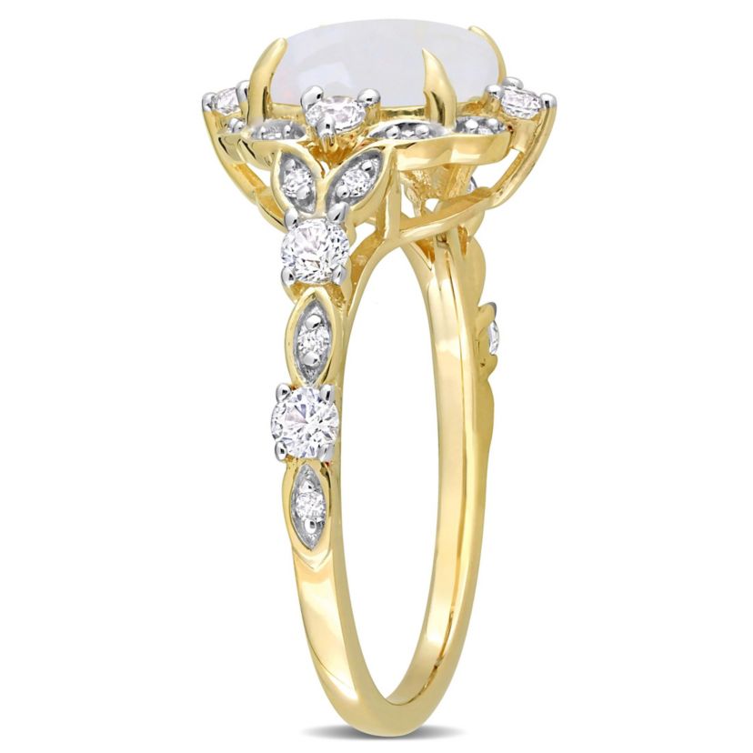 Opal and White Sapphire with Diamond Accent Halo Vintage Design Ring in 10K Yellow Gold